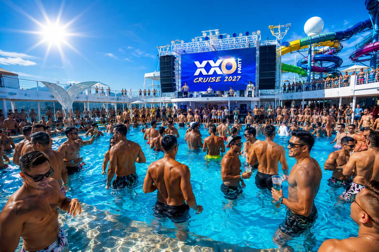 Adult men enjoying a bright daytime XXO pool party at sea